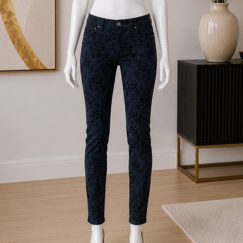 Free People Womens Skinny Jeans Navy Blue Flocked Velvet Damask Floral 27